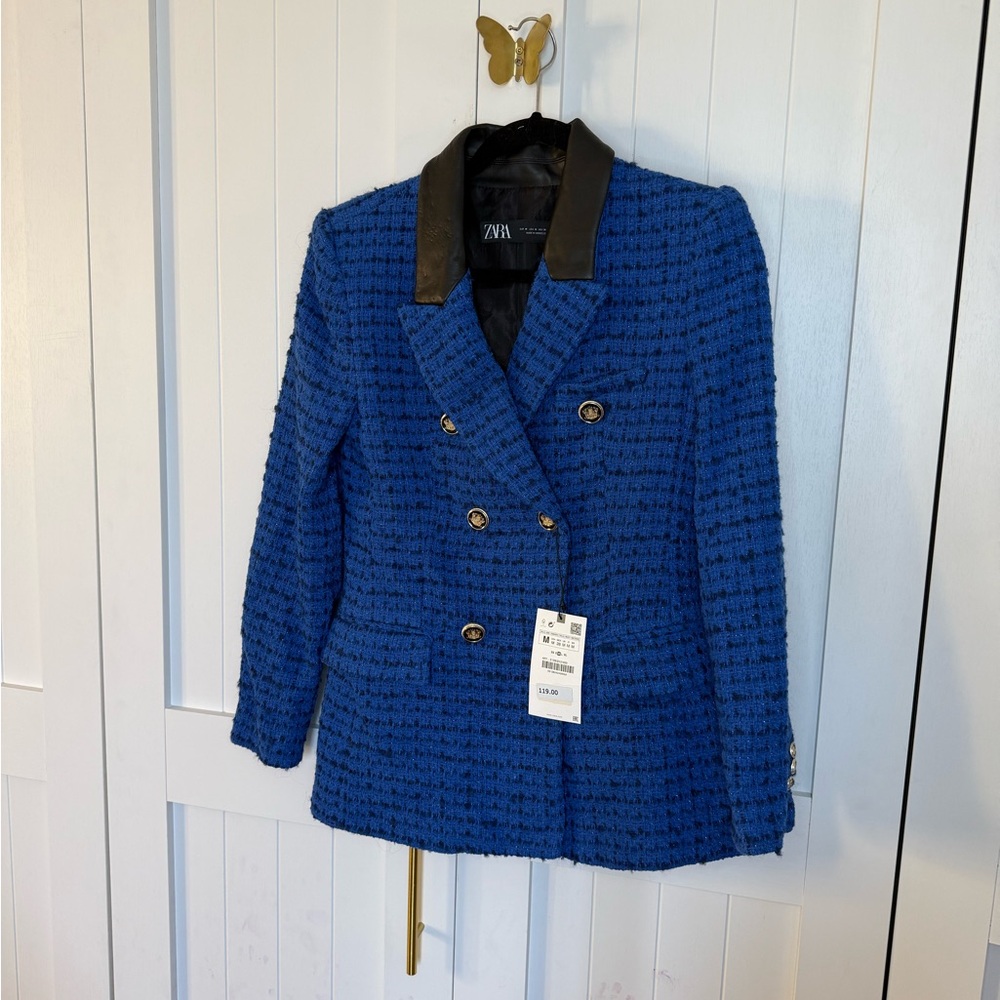 Zara Women's Royal Blue Tweed Blazer with Black Trim